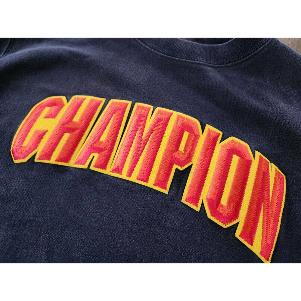 Vintage Champion Reverse Weave Navy Blue Spellout Gold Crewneck Sweatshirt Sz M - Picture 5 of 7